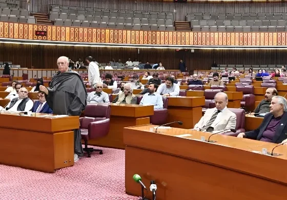 Members of the National Assembly of Pakistan seated during the Budget 2026–27 session as Finance Minister Muhammad Aurangzeb presents the federal budget in Parliament.