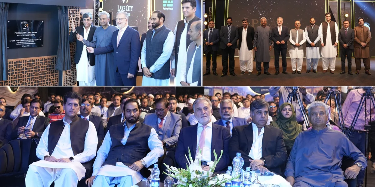 Officials and consortium representatives at Lake City Meadows Phase 1 Extension handover ceremony, including Chairman NAB Lt. Gen. (R) Nazir Ahmed Butt, project developers, and plot owners, marking the formal commencement of possession for residential plots.