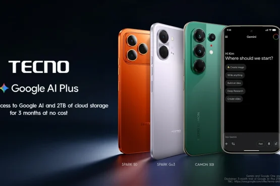 A lineup of TECNO smartphones including SPARK 50, SPARK Go3, and CAMON 50i, showing the Google AI Plus interface on one phone, highlighting the 3-month free trial with 2 TB cloud storage and AI-powered features for eligible devices.
