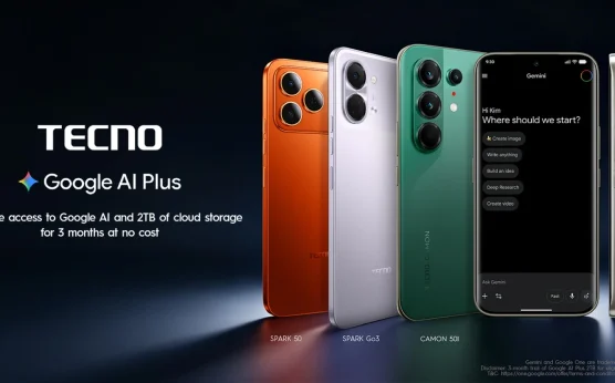 A lineup of TECNO smartphones including SPARK 50, SPARK Go3, and CAMON 50i, showing the Google AI Plus interface on one phone, highlighting the 3-month free trial with 2 TB cloud storage and AI-powered features for eligible devices.