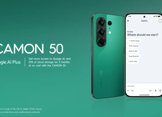 TECNO CAMON 50 displayed with Google AI Plus, highlighting three months of AI access and 2TB cloud storage at no cost for eligible users.
