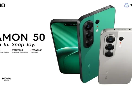 TECNO CAMON 50 smartphone shown with 50MP Sony camera, IP69K/IP68 protection and TECNO AI features, highlighting its premium all-rounder smartphone capabilities.