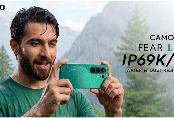 Man using TECNO CAMON 50 in the rain, highlighting its IP68/IP69K water and dust resistance for monsoon photography and outdoor content creation.