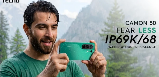 Man using TECNO CAMON 50 in the rain, highlighting its IP68/IP69K water and dust resistance for monsoon photography and outdoor content creation.
