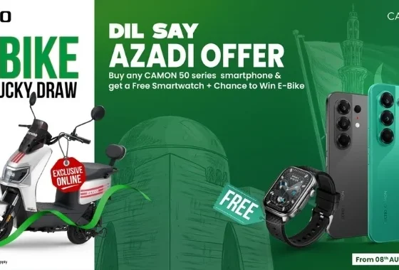 TECNO Dil Say Azadi Offer featuring CAMON 50 Series smartphones, free smartwatch, and online lucky draw chance to win a Revoo e-bike.