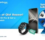 TECNO Qist Bazaar Expo banner highlighting the CAMON 50 Pro free smartwatch offer and Spin the Wheel activity with exciting prizes.