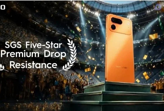 TECNO SPARK 50 Pro showcased with SGS Five-Star Premium Drop Resistance certification, highlighting its durable design for everyday use.