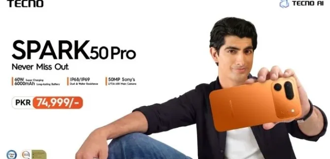TECNO SPARK 50 Pro smartphone launched in Pakistan with 60W Super Charge, 6000mAh battery, IP68/IP69 protection, 50MP Sony camera and PKR 74,999 price.