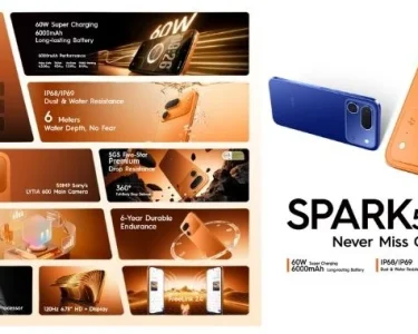 TECNO SPARK 50 Pro highlighting 60W Super Charge, 6000mAh battery, 50MP Sony LYTIA 600 camera, IP68/IP69 protection, and durable design