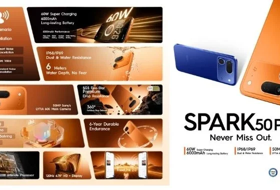 TECNO SPARK 50 Pro highlighting 60W Super Charge, 6000mAh battery, 50MP Sony LYTIA 600 camera, IP68/IP69 protection, and durable design