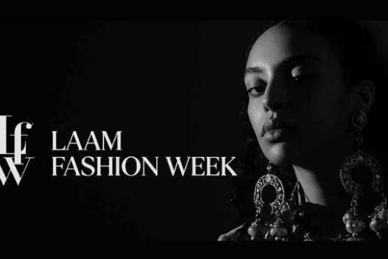 LAAM Fashion Week Season 2 promotional image featuring a black-and-white fashion portrait and official logo ahead of the October 23–26, 2026 event in Lahore.