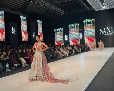 Model walks the runway wearing an embroidered outfit from Sania Maskatiya’s LALEH collection at LAAM Fashion Week Season 2 Day 1 in Lahore, 2026.