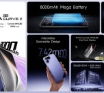 TECNO POVA Curve 2 5G smartphone showcasing its ultra-slim 7.42mm design, massive 8000mAh battery, 45W Super Charge, 144Hz curved AMOLED display and MediaTek Dimensity 7100 5G processor.