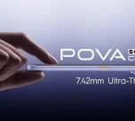 TECNO POVA Curve 2 5G shown with its 7.42mm ultra-thin curved body, highlighting the slim “Beauty” side of its Beauty and Beast design concept.