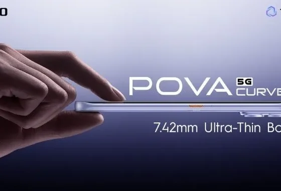 TECNO POVA Curve 2 5G shown with its 7.42mm ultra-thin curved body, highlighting the slim “Beauty” side of its Beauty and Beast design concept.