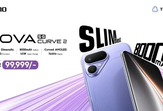 TECNO POVA Curve 2 5G launched in Pakistan at PKR 99,999, featuring an ultra-slim design, 8000mAh battery, 45W Super Charge and 144Hz curved AMOLED display.