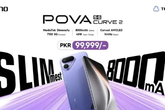 TECNO POVA Curve 2 5G smartphone priced at PKR 99,999 in Pakistan, featuring an 8000mAh battery, ultra-slim design, MediaTek Dimensity 7100 5G processor and 144Hz curved AMOLED display.