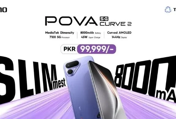 TECNO POVA Curve 2 5G smartphone priced at PKR 99,999 in Pakistan, featuring an 8000mAh battery, ultra-slim design, MediaTek Dimensity 7100 5G processor and 144Hz curved AMOLED display.